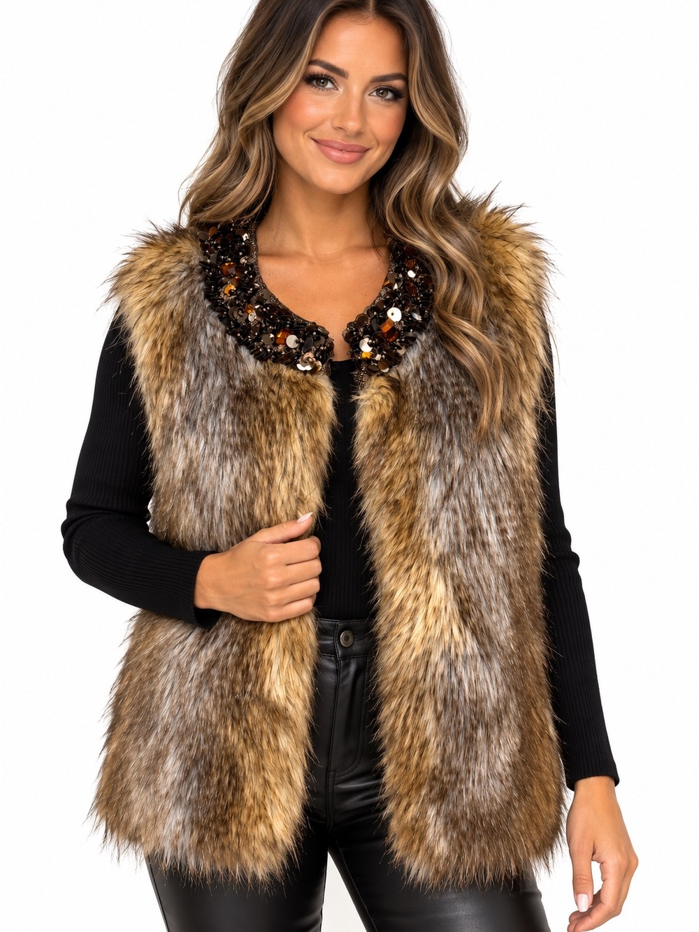 Express Faux Fur Vest in Brown and Black